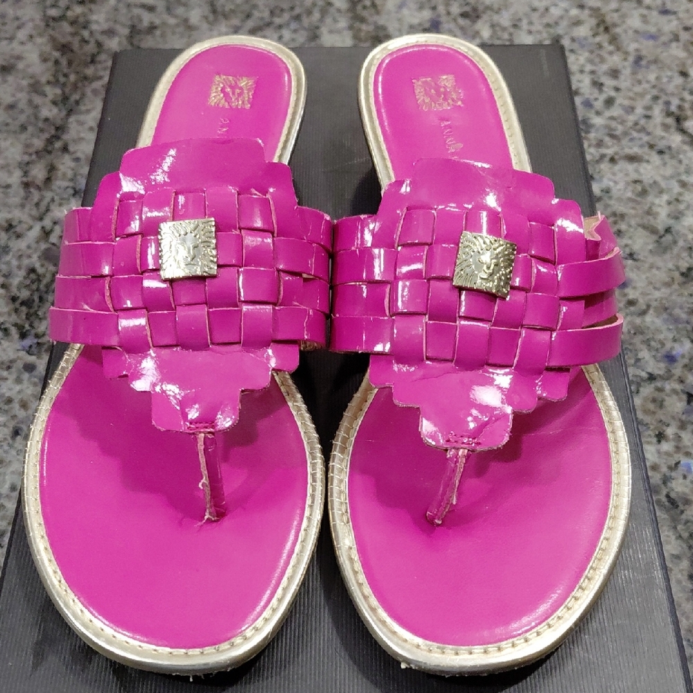 "Anne Klein" Sz.7.5-8, Irisa Patent Leather Fuchsia Woven Thong Sandals with...